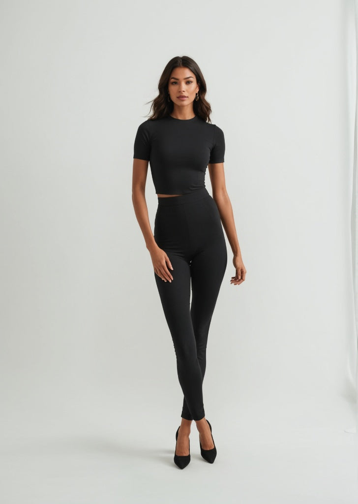 Seamless Crop Top and Leggings Set- Black