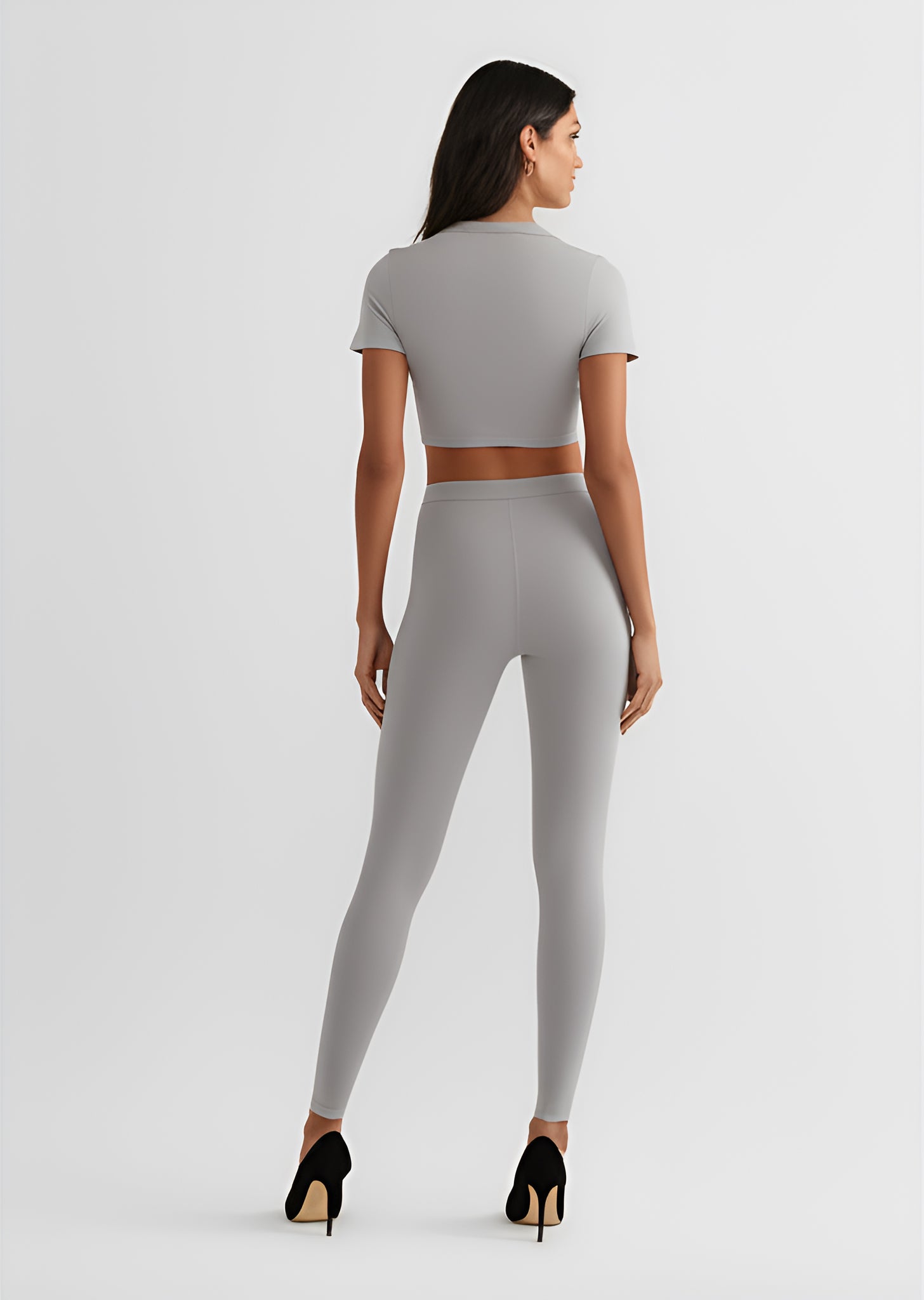 Seamless Fitted Crop Top and Leggings Set - Grey