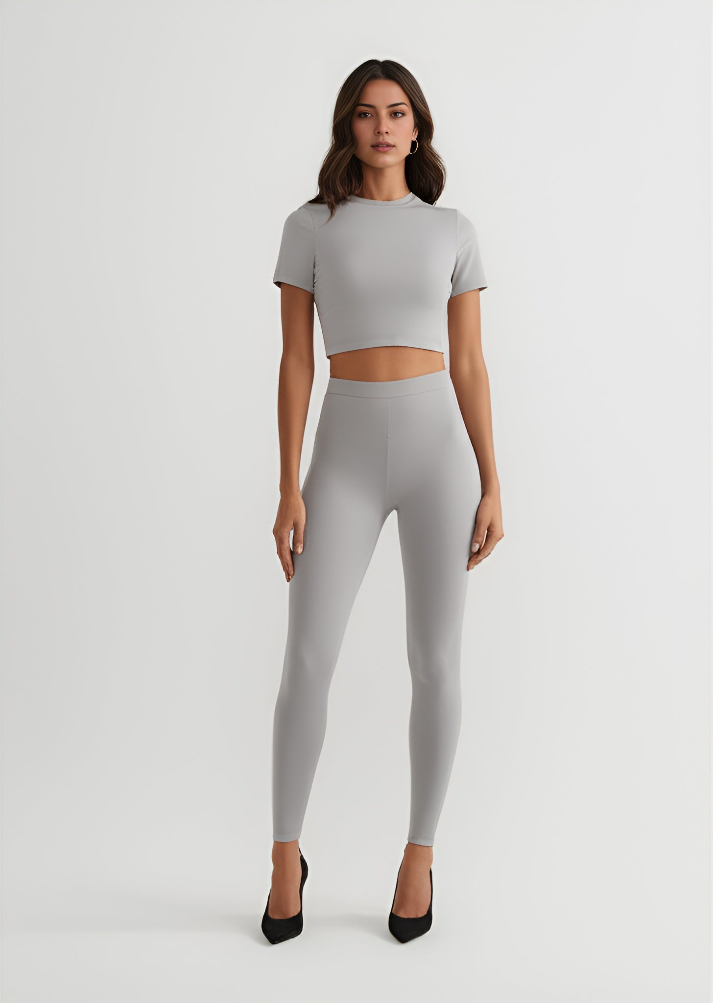Seamless Fitted Crop Top and Leggings Set - Grey